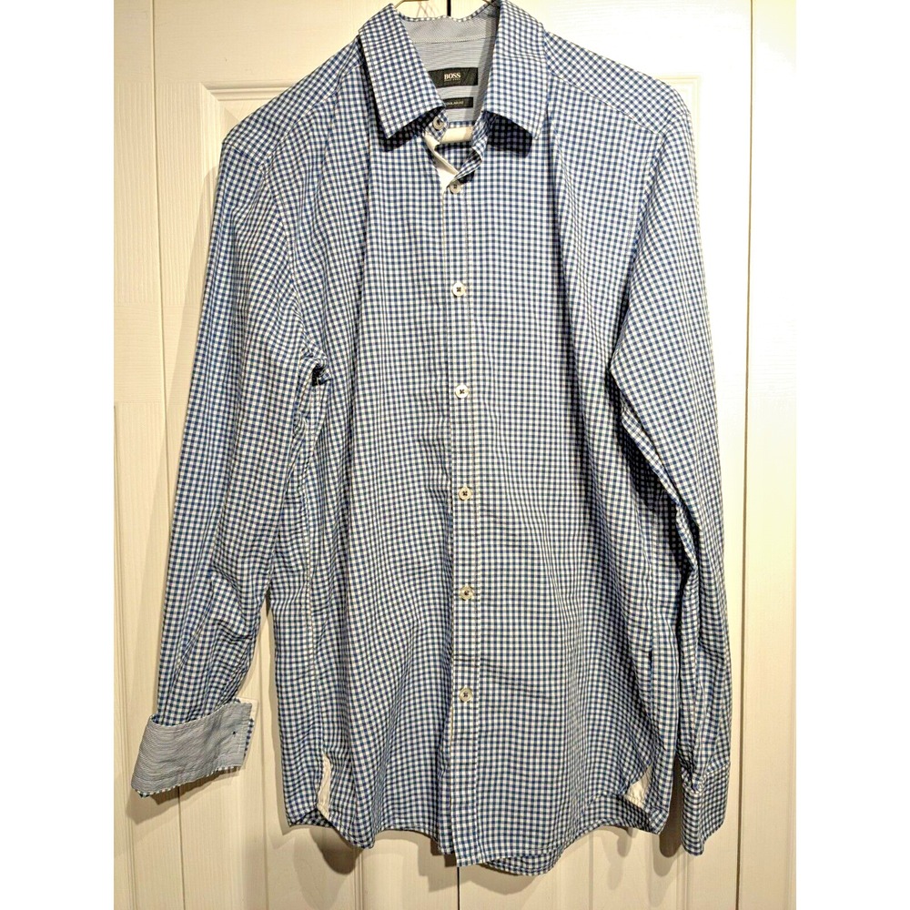 Hugo Boss Mens Sz: M Regular Fit Long Sleeve Shirt Blue Checkered Flip Cuff EUC